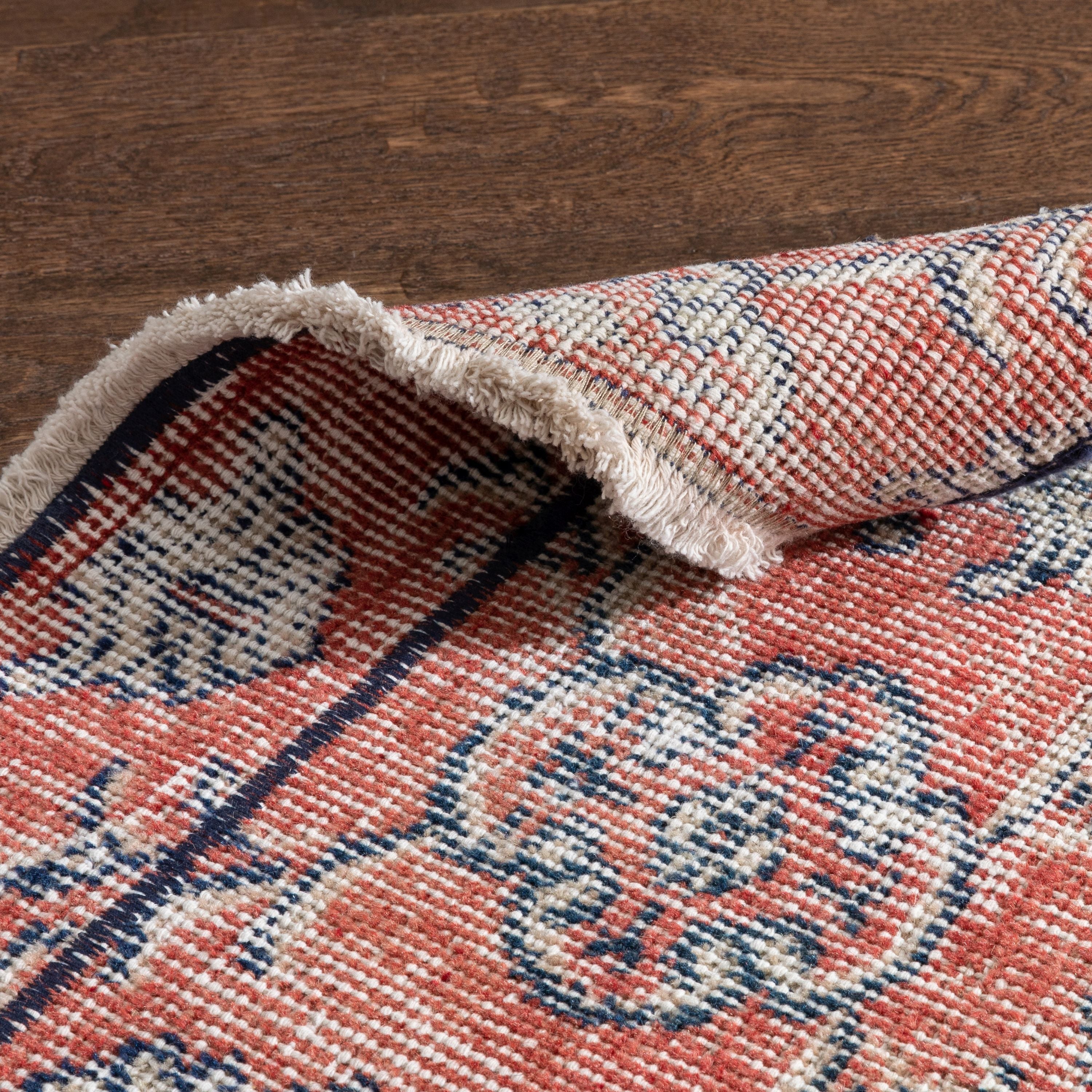 Elza Red & Navy Blue Persian Geometric Lattice Pattern One-of-a-Kind Handmade Wool Area Rug 2'7" x 10'4" Runner Well Woven