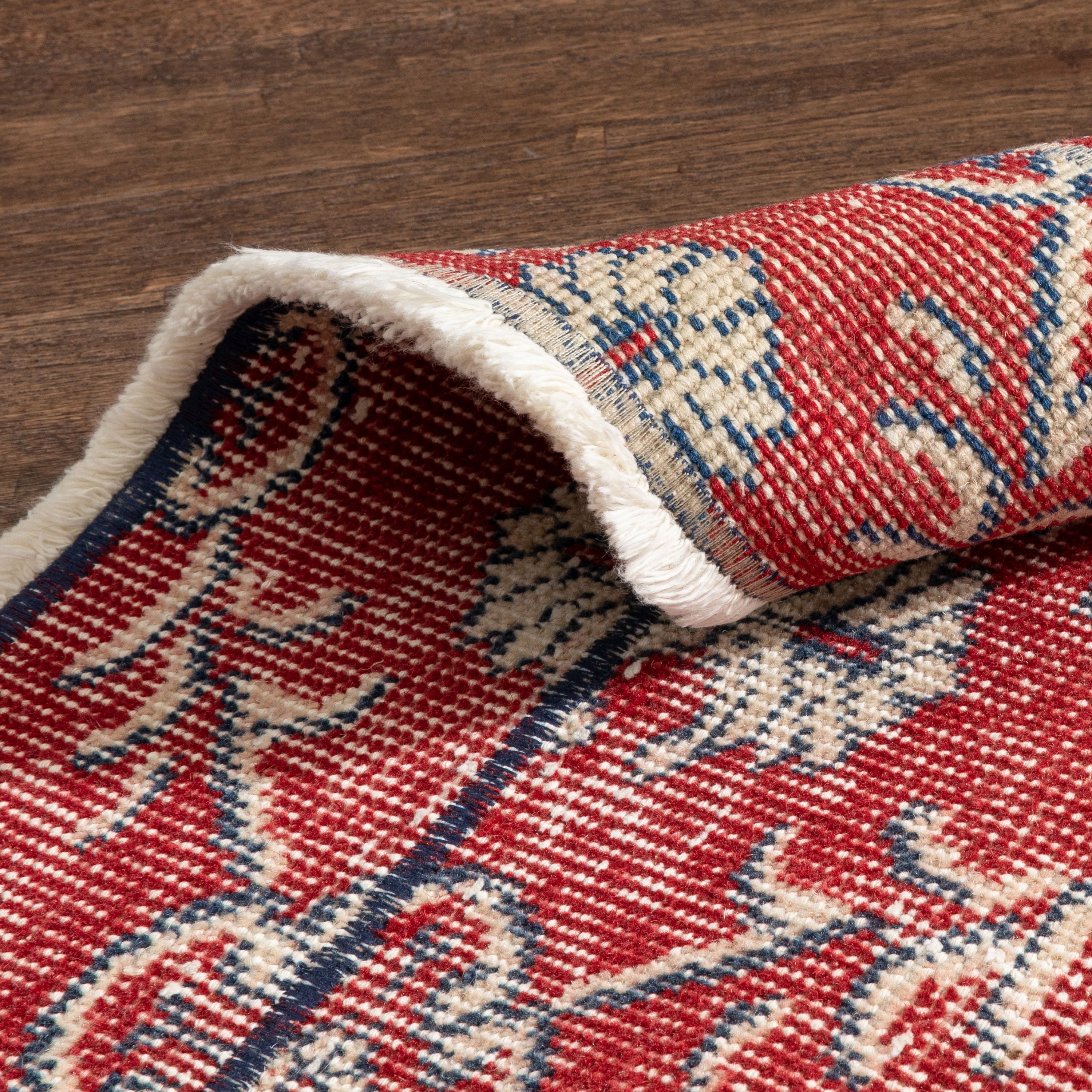Lizee Red & Navy Blue Persian Geometric Lattice Pattern One-of-a-Kind Handmade Wool Area Rug 2'7" x 8'10" Runner Well Woven