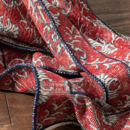 Lizee Red & Navy Blue Persian Geometric Lattice Pattern One-of-a-Kind Handmade Wool Area Rug 2'7" x 8'10" Runner Well Woven