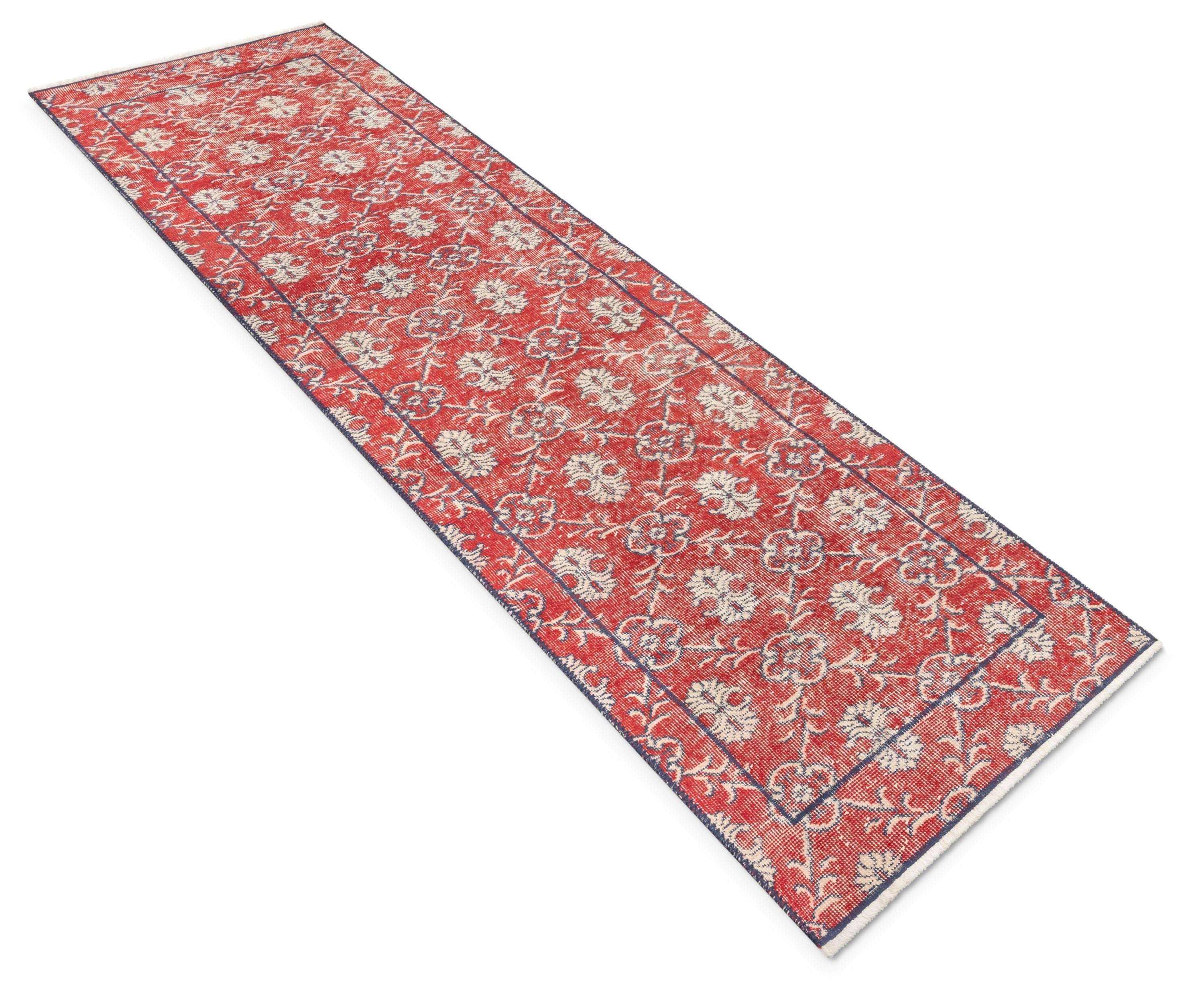 Lizee Red & Navy Blue Persian Geometric Lattice Pattern One-of-a-Kind Handmade Wool Area Rug 2'7" x 8'10" Runner Well Woven