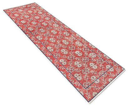 Lizee Red & Navy Blue Persian Geometric Lattice Pattern One-of-a-Kind Handmade Wool Area Rug 2'7" x 8'10" Runner Well Woven