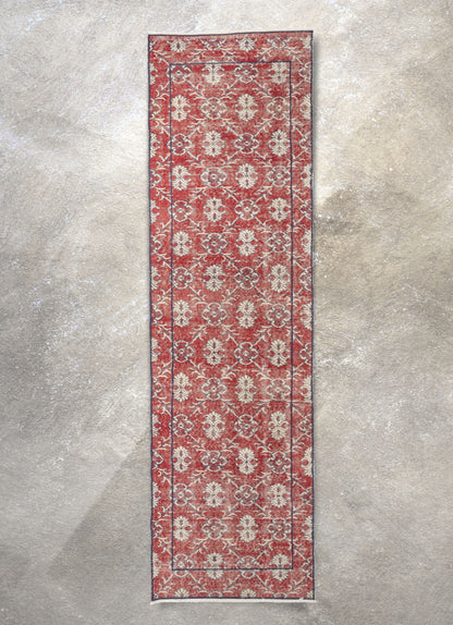 Lizee Red & Navy Blue Persian Geometric Lattice Pattern One-of-a-Kind Handmade Wool Area Rug 2'7" x 8'10" Runner Well Woven