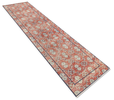 Berliana Red & Navy Blue Persian Geometric Lattice Pattern One-of-a-Kind Handmade Wool Area Rug 2'7" x 10'8" Runner