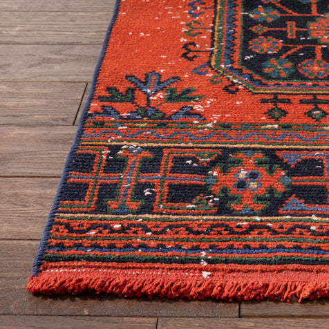 Devon Orange & Navy Blue Oriental Botanical Border Pattern One-of-a-Kind Handmade Wool Area Rug 2'8" x 11'10" Runner
