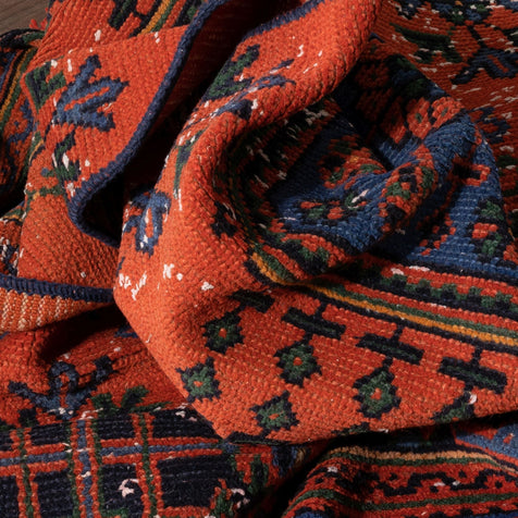 Devon Orange & Navy Blue Oriental Botanical Border Pattern One-of-a-Kind Handmade Wool Area Rug 2'8" x 11'10" Runner