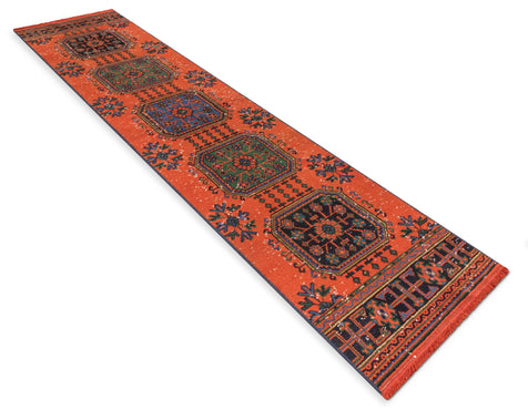 Devon Orange & Navy Blue Oriental Botanical Border Pattern One-of-a-Kind Handmade Wool Area Rug 2'8" x 11'10" Runner