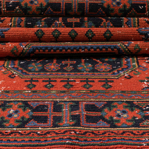 Devon Orange & Navy Blue Oriental Botanical Border Pattern One-of-a-Kind Handmade Wool Area Rug 2'8" x 11'10" Runner