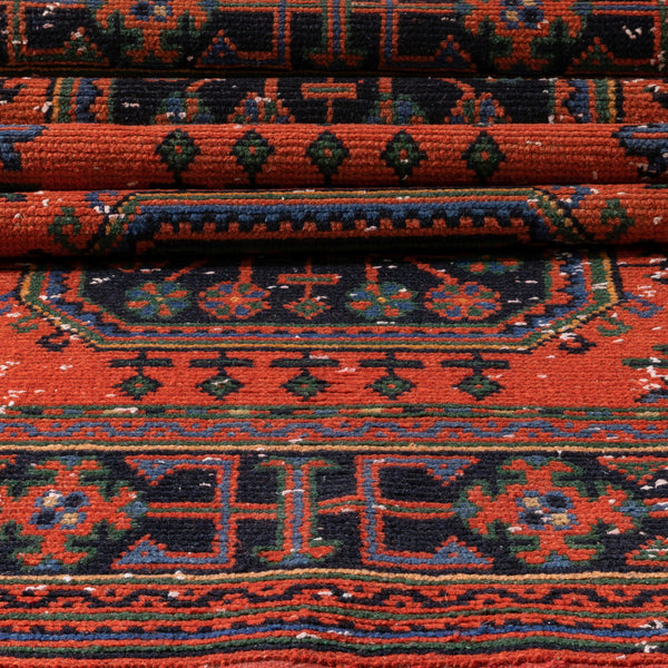 Devon Orange & Navy Blue Oriental Botanical Border Pattern One-of-a-Kind Handmade Wool Area Rug 2'8" x 11'10" Runner