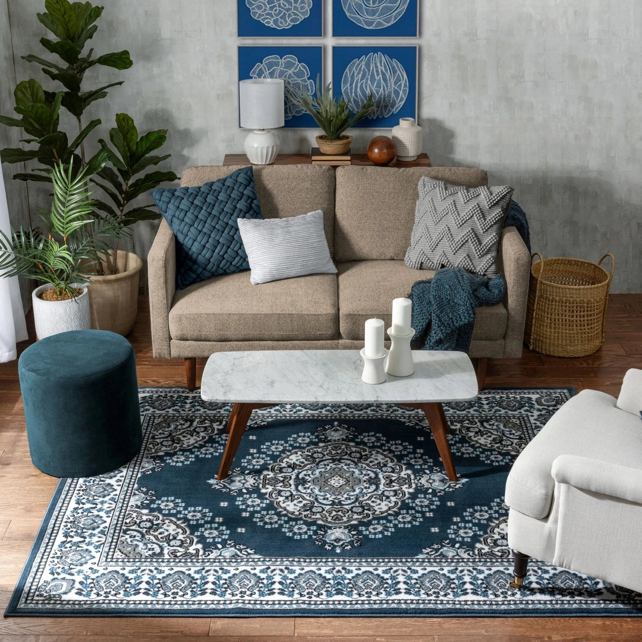 Malika Traditional Medallion Persian Floral Dark Blue 5'3" x 7'3" Rug Well Woven