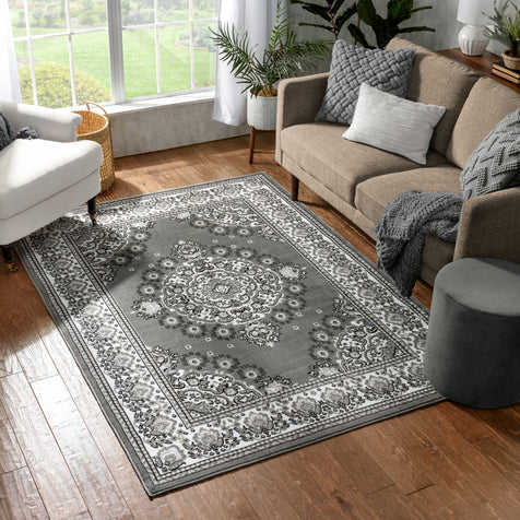 Malika Traditional Medallion Persian Floral Grey Rug