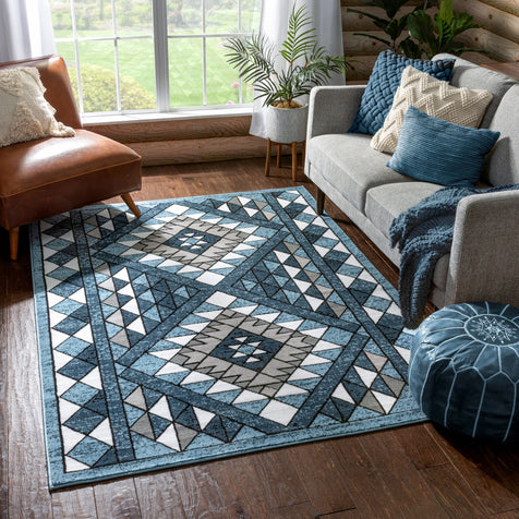 Enola Tribal Geometric Trellis Blue Rug