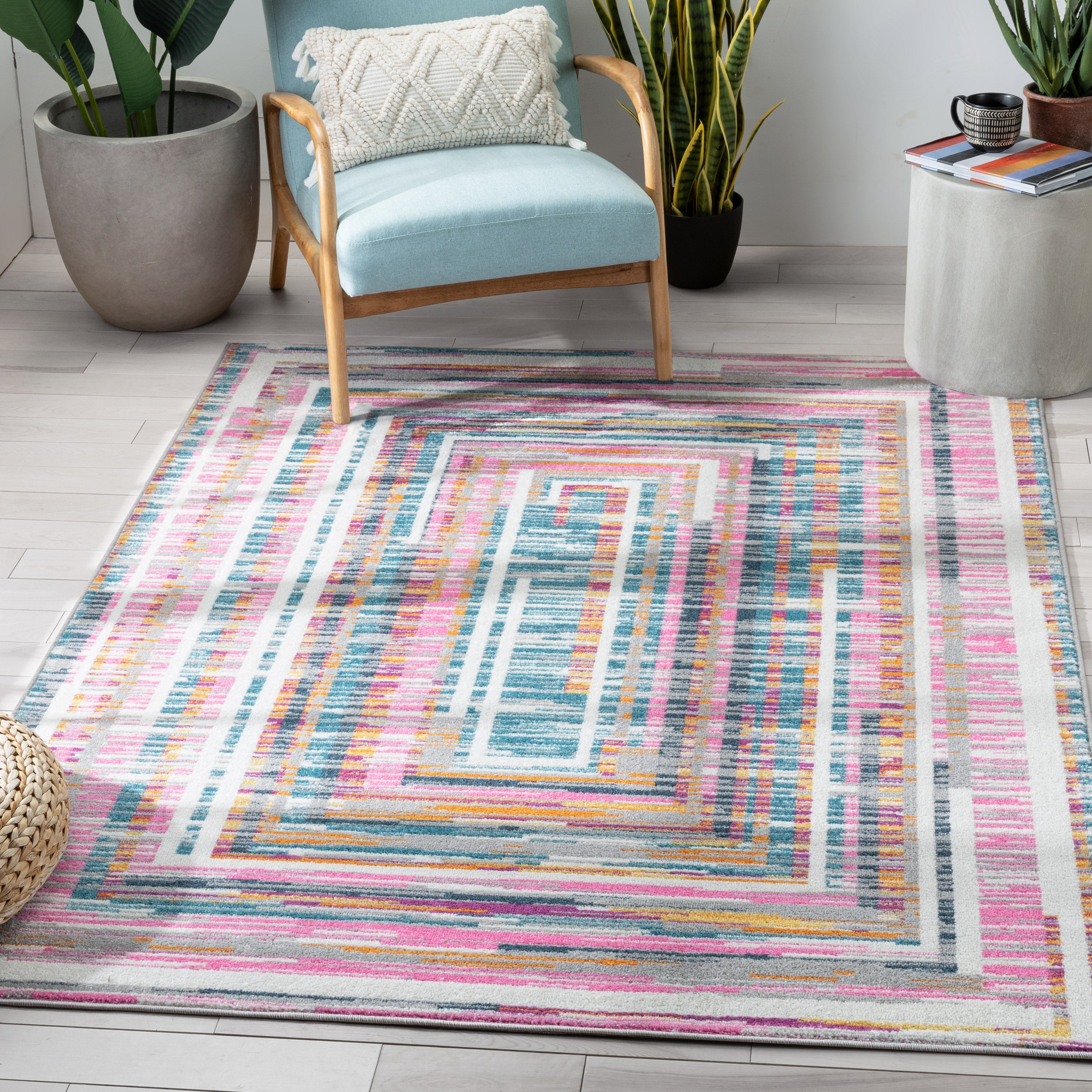 Merle Modern Geometric Border Fuchsia Rug