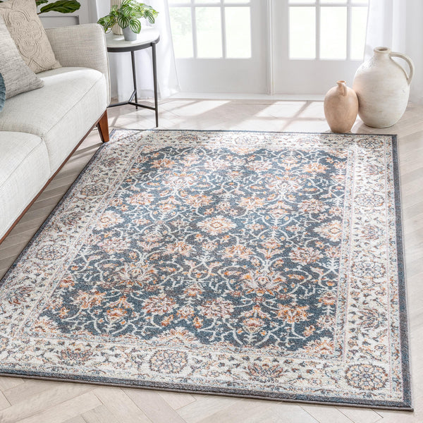 Corona Vintage Eclectic Floral Botanical Border Blue Rug