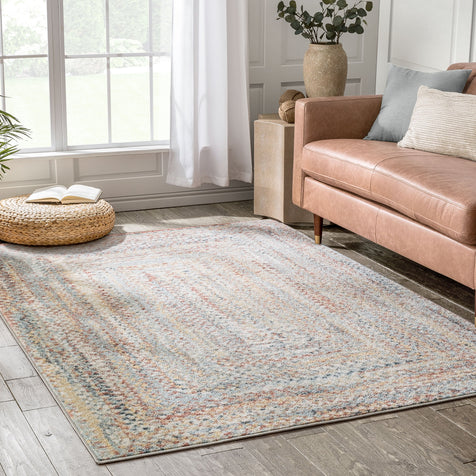 Chindi Bohemian Vintage Solid & Striped Multi-Color Light Blue Green Braided Pattern Rug