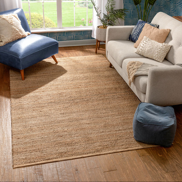 Laylani Farmhouse Jute Rug Hand-Braided Basket Weave Jute Rug Solid Pattern Natural/Gray Color