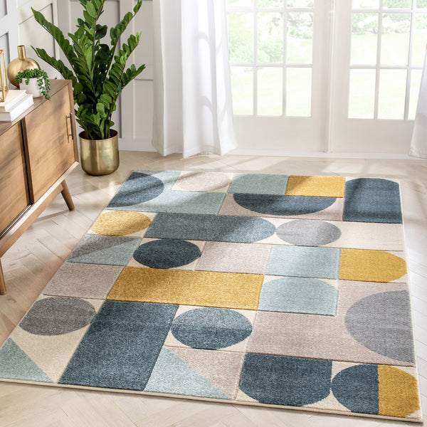 Dede Blue Mid-Century Modern Geometric Shapes Rug By Chill Rugs