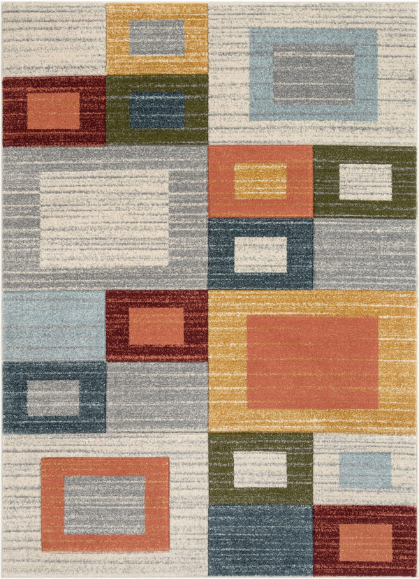 Tango Mid-Century Modern Geometric Squares Multi Distressed High-Low Rug