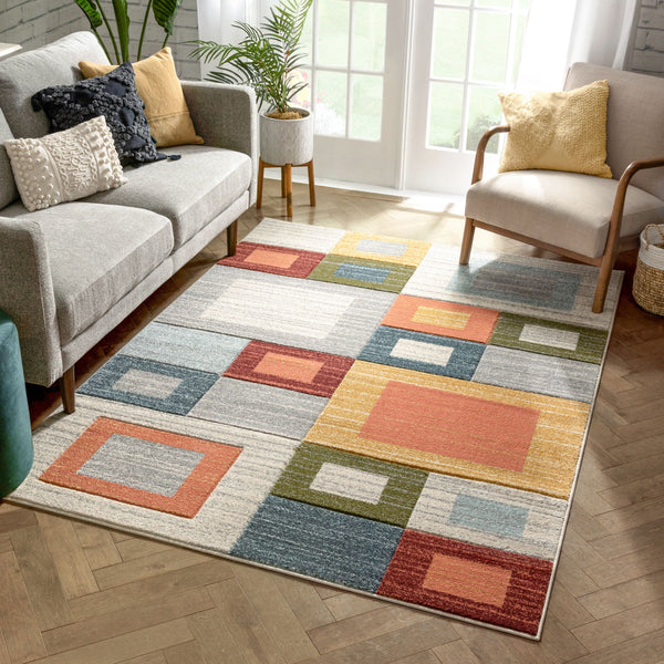 Tango Mid-Century Modern Geometric Squares Multi Distressed High-Low Rug