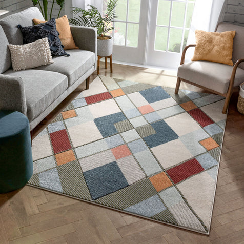 Rumba Mid-Century Modern Geometric Diamond Shapes Multi Distressed High-Low Rug