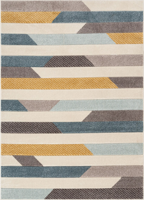 Savoy Contemporary Geometric Stripes Gold Blue Distressed High-Low Rug