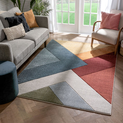 Alma Mid-Century Modern Geometric Triangle Pattern Multi-Color Distressed High-Low Rug