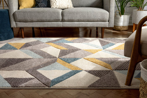 Otto Modern Geometric Boxes & Triangles Gold Blue Distressed High-Low Rug