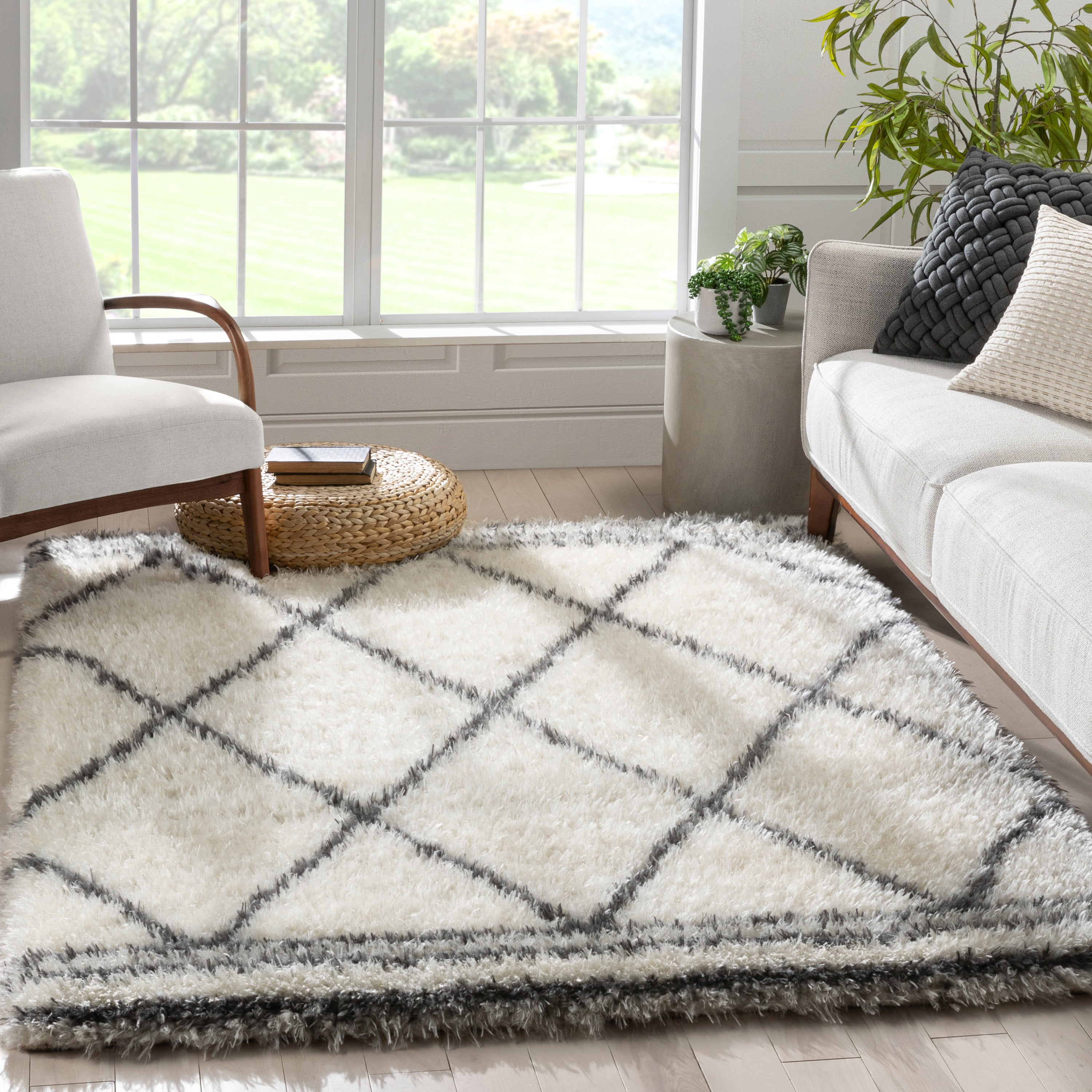 Sedona Modern Ethnic Shag Ivory Grey Soft Rug