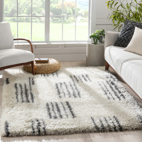 Yucca Modern Ethnic Shag Ivory Grey Soft Rug