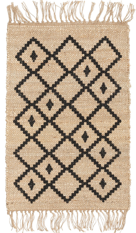 Rabia Natural-Fiber Tribal Black Hand-Woven Chunky-Textured Rug