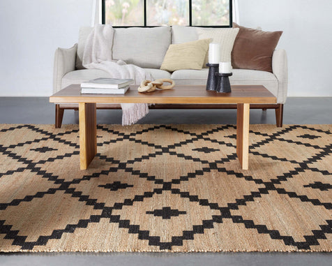 Rabia Natural-Fiber Tribal Black Hand-Woven Chunky-Textured Rug