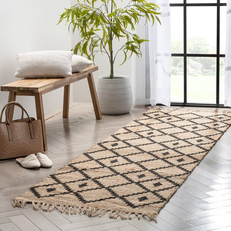 Rabia Natural-Fiber Tribal Black Hand-Woven Chunky-Textured Rug