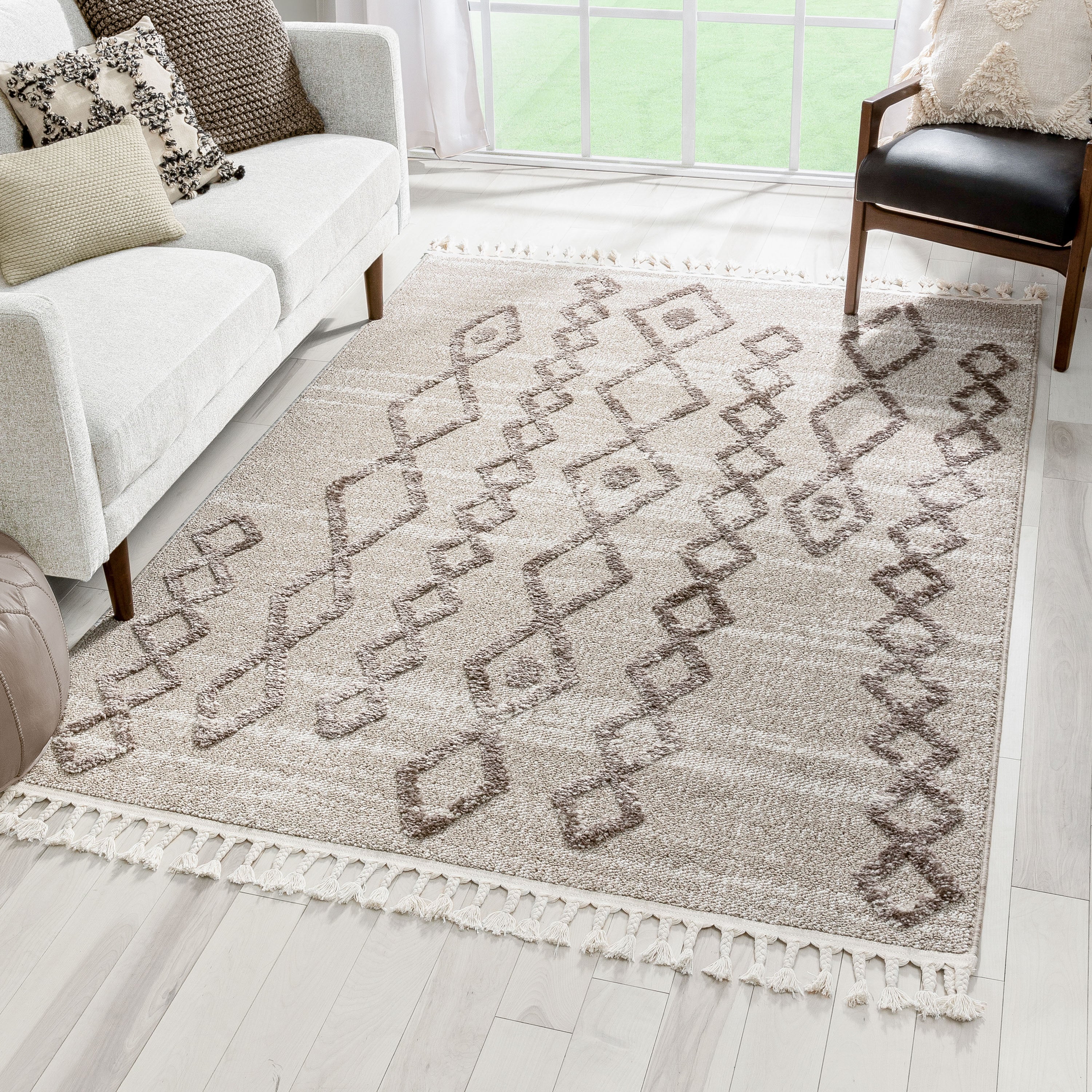 Skylar Moroccan Diamond Pattern Ivory/Brown High-Low Textured Rug