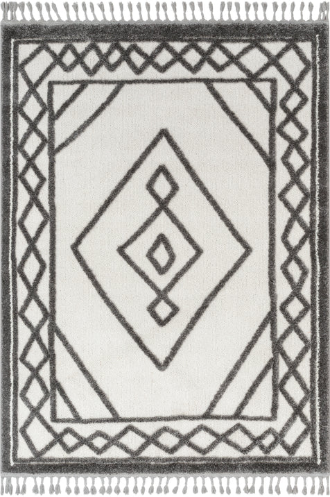 Everly Tribal Trellis Diamond Pattern Ivory Grey High-Low Textured Rug