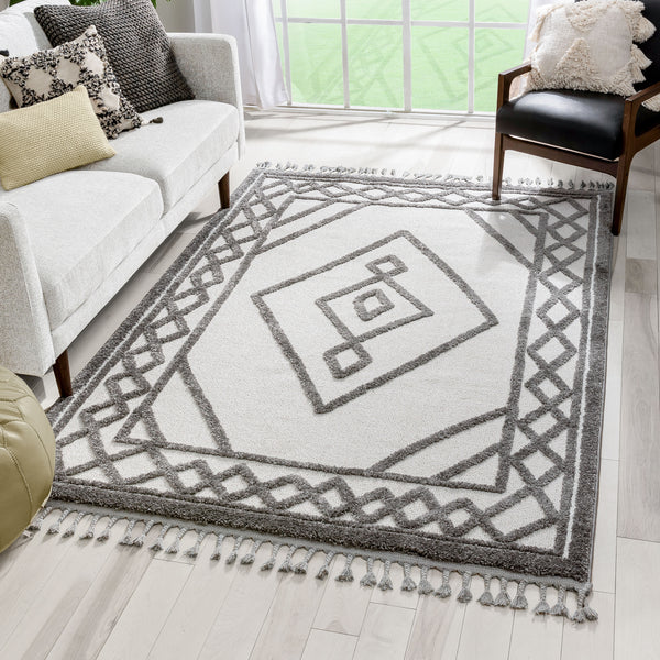 Everly Tribal Trellis Diamond Pattern Ivory Grey High-Low Textured Rug