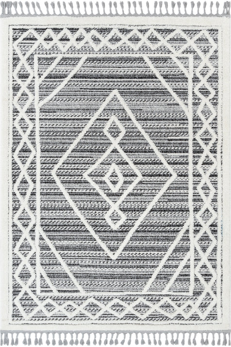 Everly Tribal Trellis Diamond Pattern Black High-Low Textured Rug