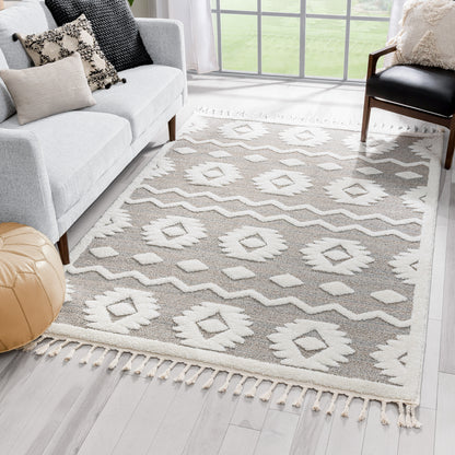 Addison Tribal Moroccan Diamond Pattern Beige High-Low Textured Rug