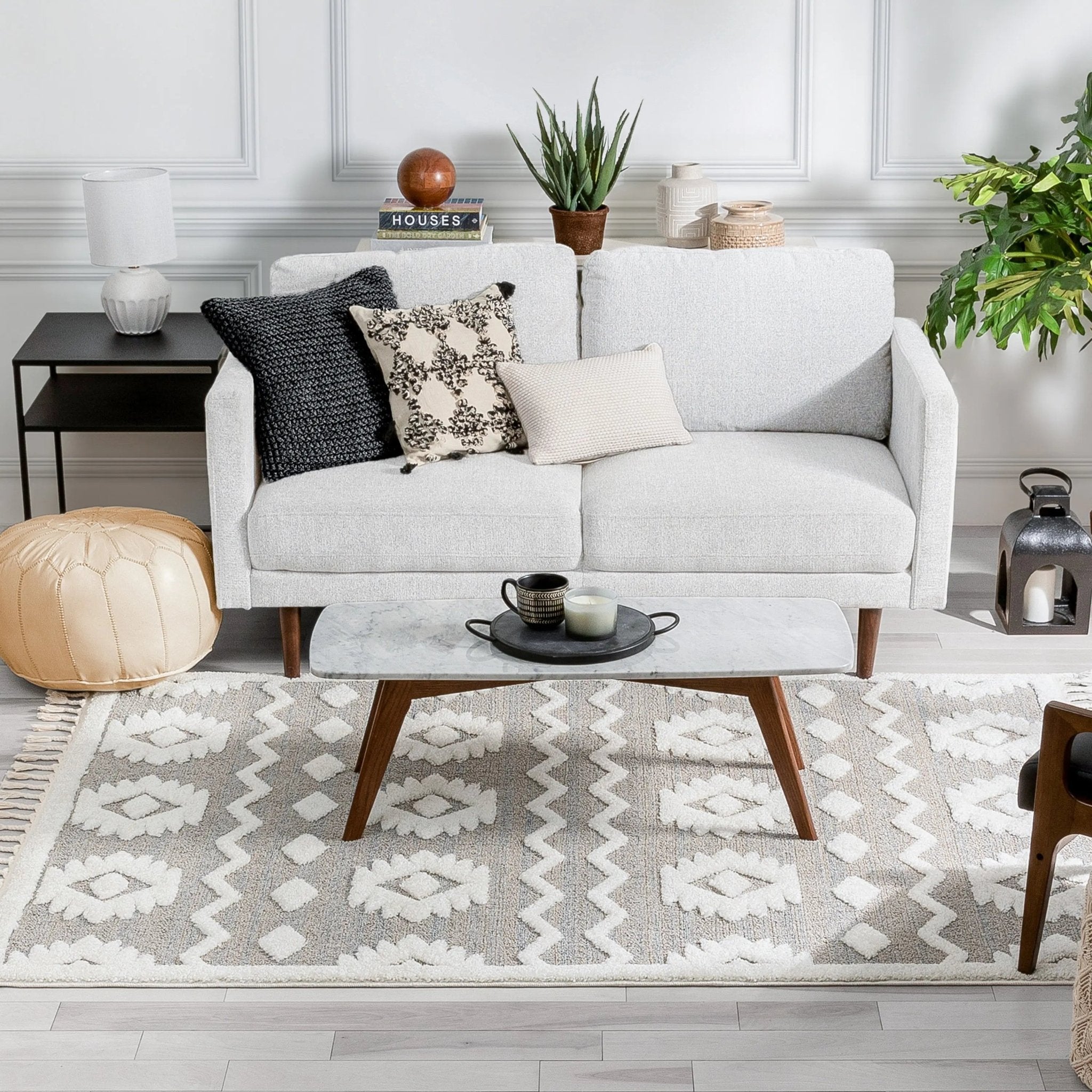 Addison Tribal Moroccan Diamond Pattern Beige High-Low Textured Rug Well Woven