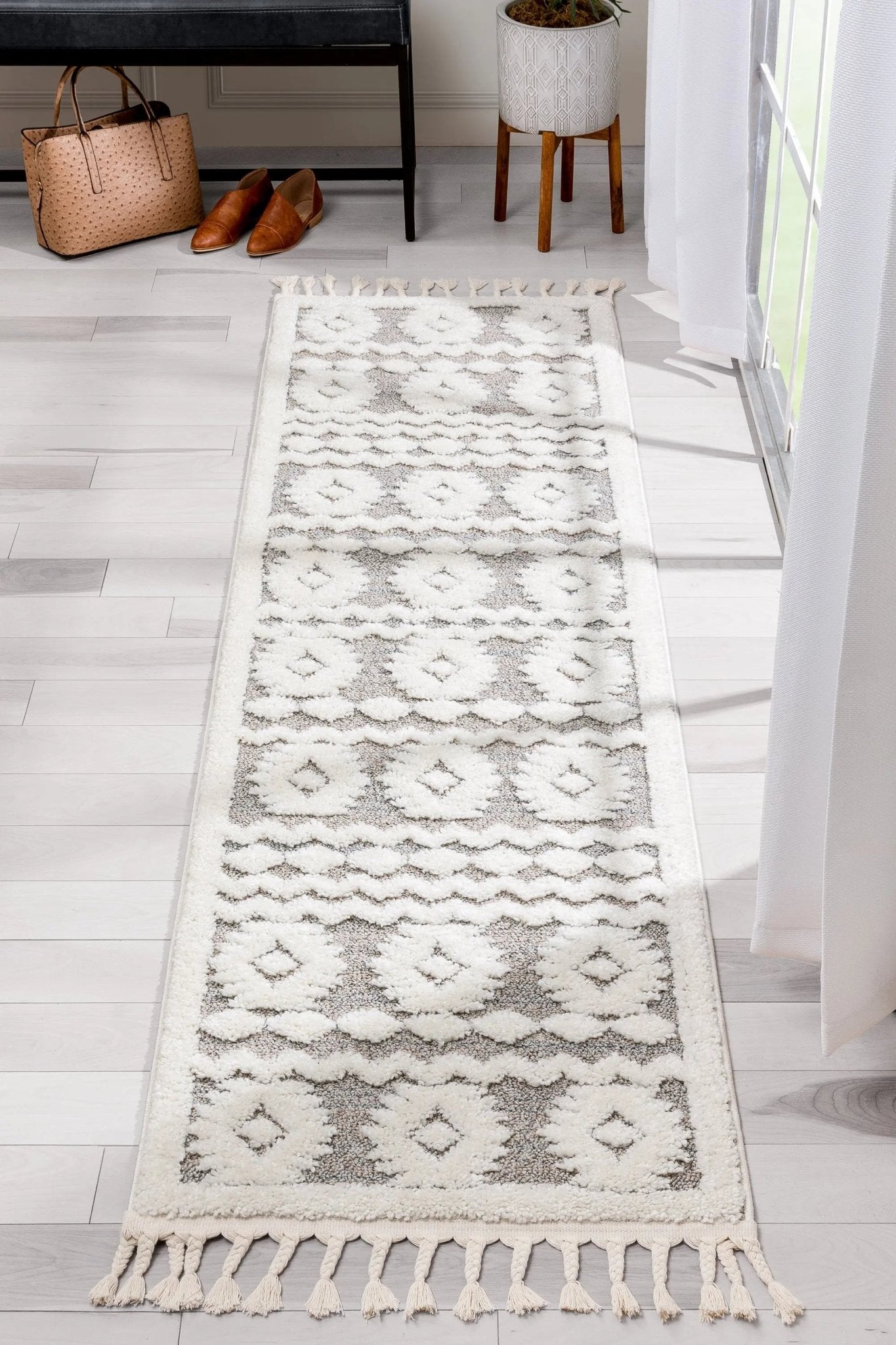 Addison Tribal Moroccan Diamond Pattern Beige High-Low Textured Rug Well Woven