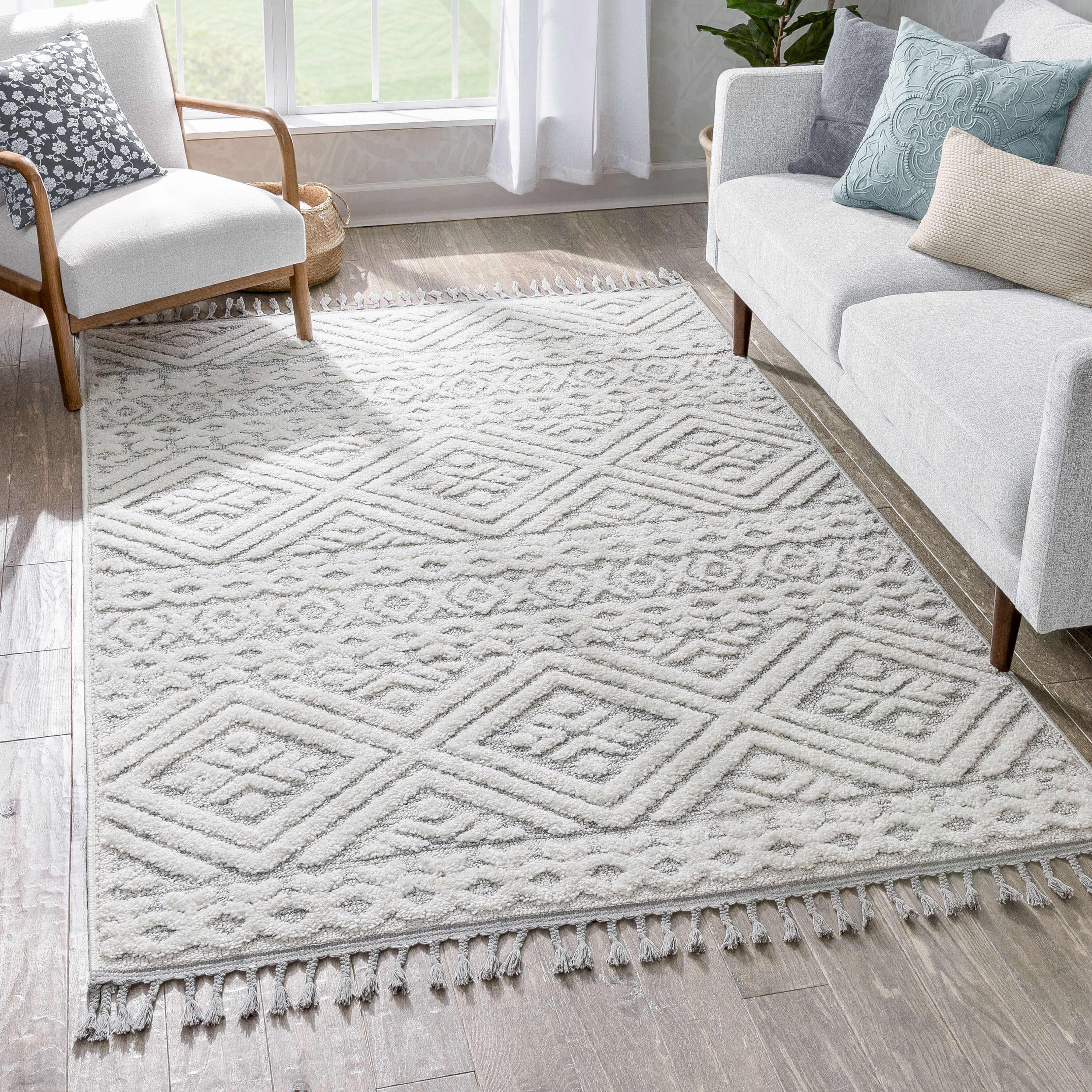 Eliana Tribal Geometric Chevron pattern Cream High-Low Textured Rug Well Woven