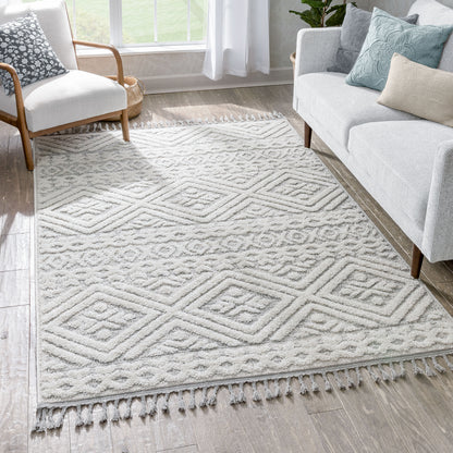 Eliana Tribal Geometric Chevron pattern Cream High-Low Textured Rug