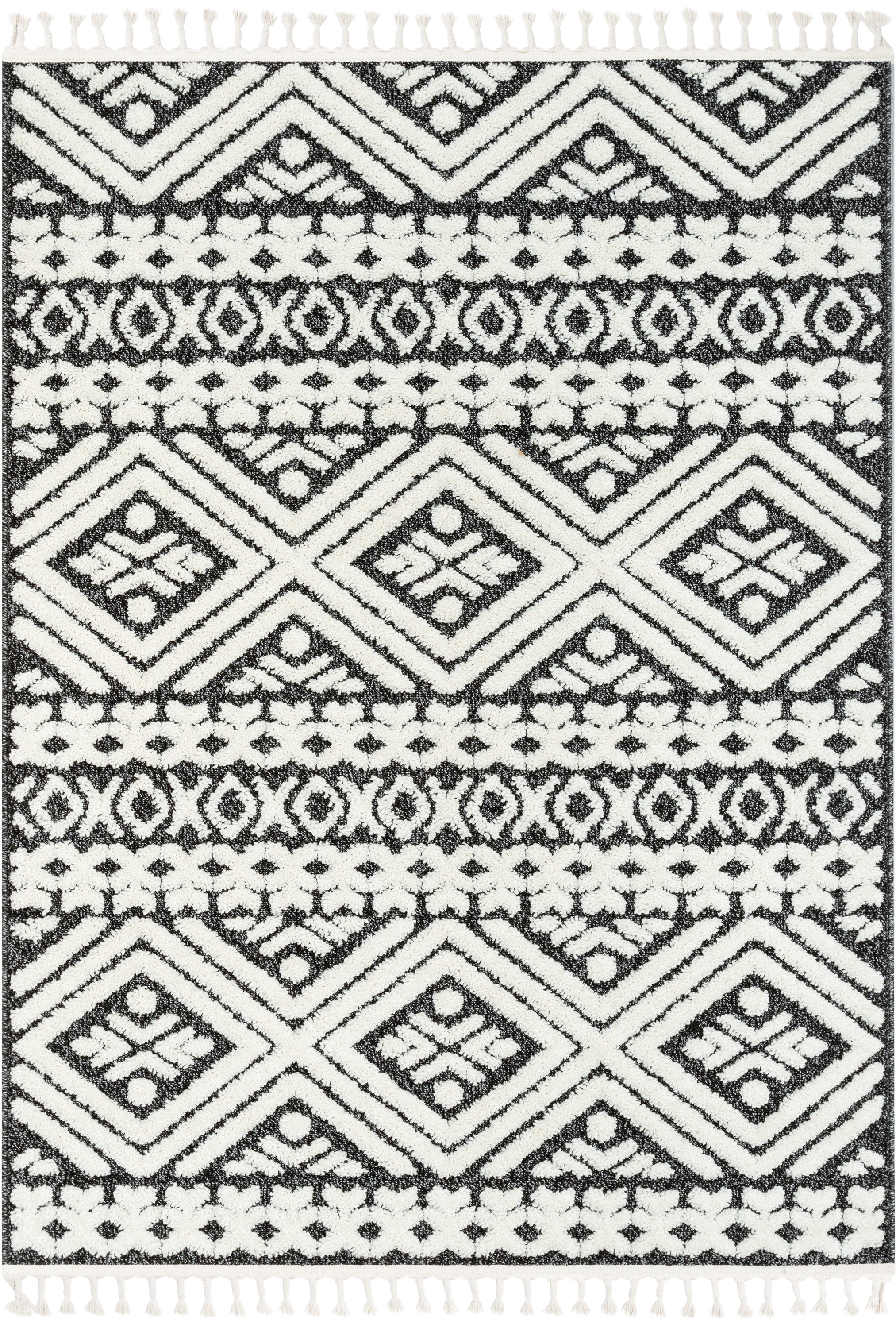 Eliana Tribal Geometric Chevron pattern Dark Grey White High-Low Textured Rug