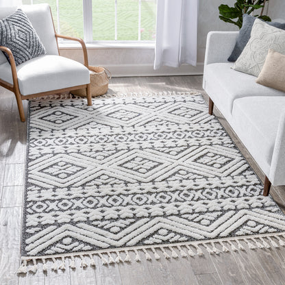 Eliana Tribal Geometric Chevron pattern Dark Grey White High-Low Textured Rug