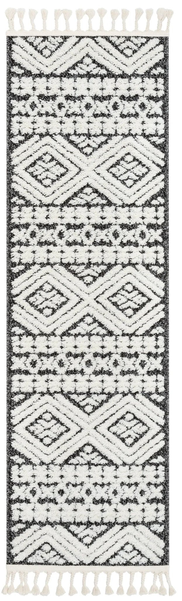 Eliana Tribal Geometric Chevron pattern Dark Grey White High-Low Textured Rug Well Woven