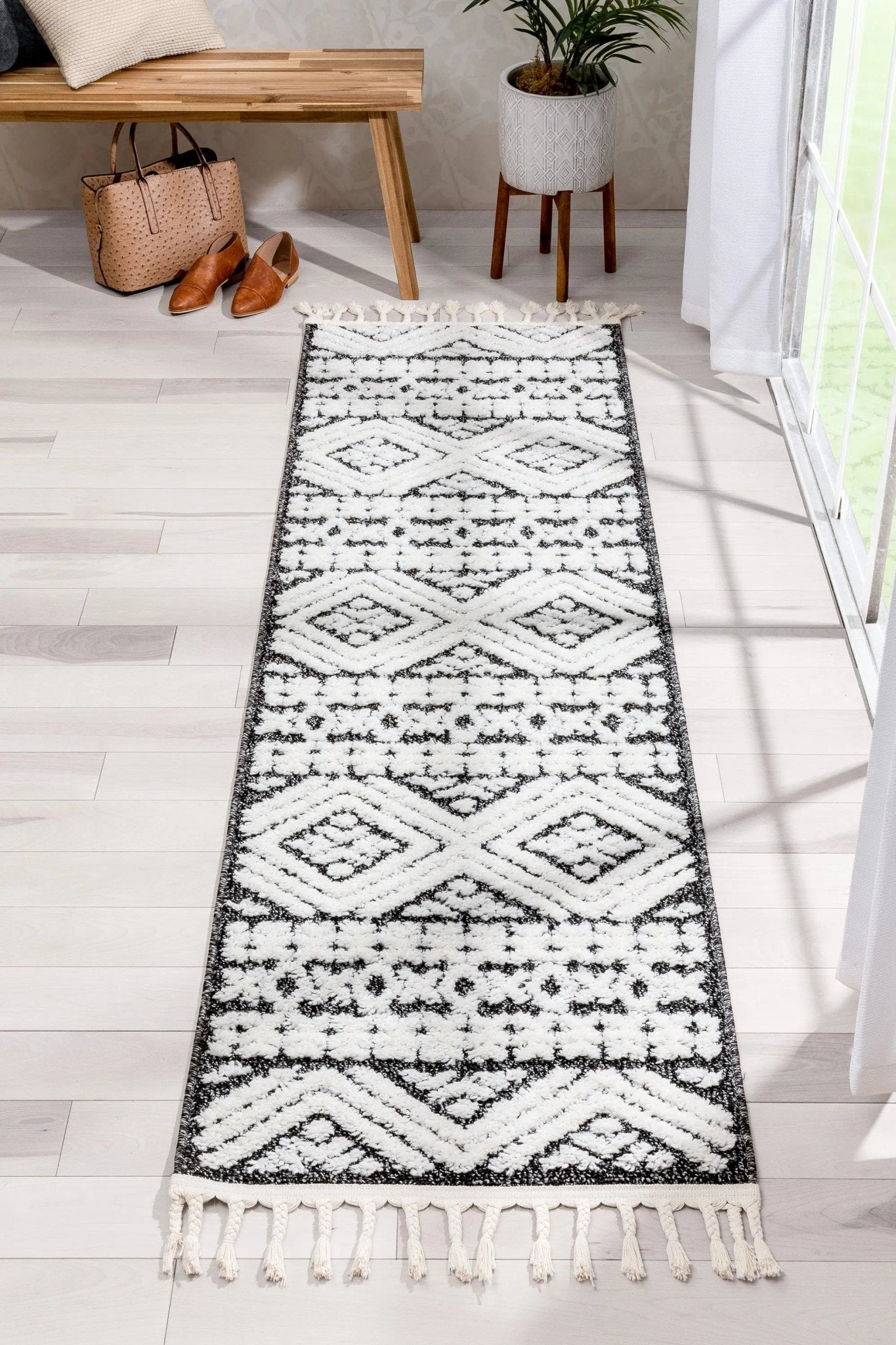 Eliana Tribal Geometric Chevron pattern Dark Grey White High-Low Textured Rug Well Woven
