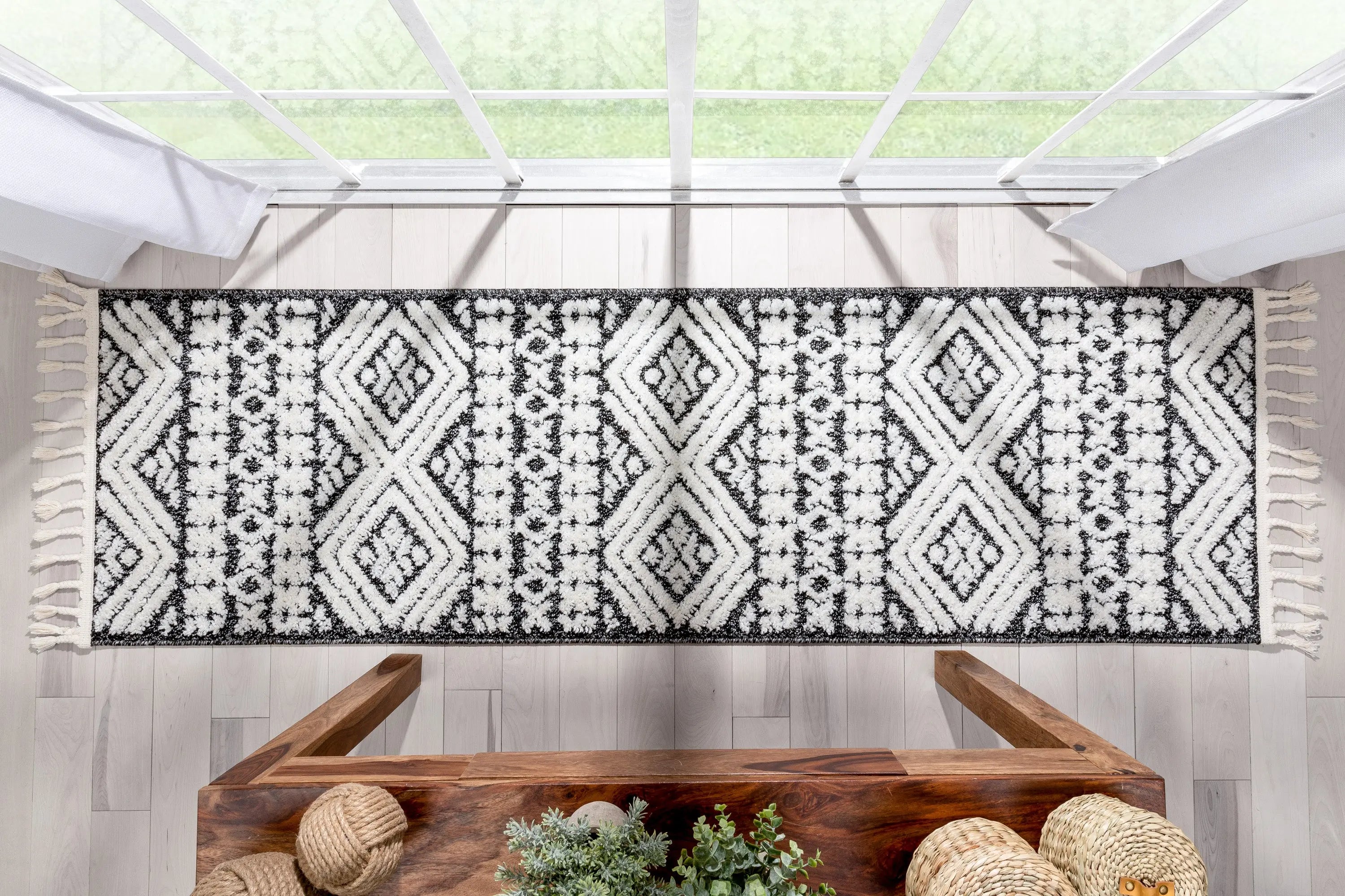 Eliana Tribal Geometric Chevron pattern Dark Grey White High-Low Textured Rug Well Woven