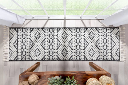 Eliana Tribal Geometric Chevron pattern Dark Grey White High-Low Textured Rug Well Woven