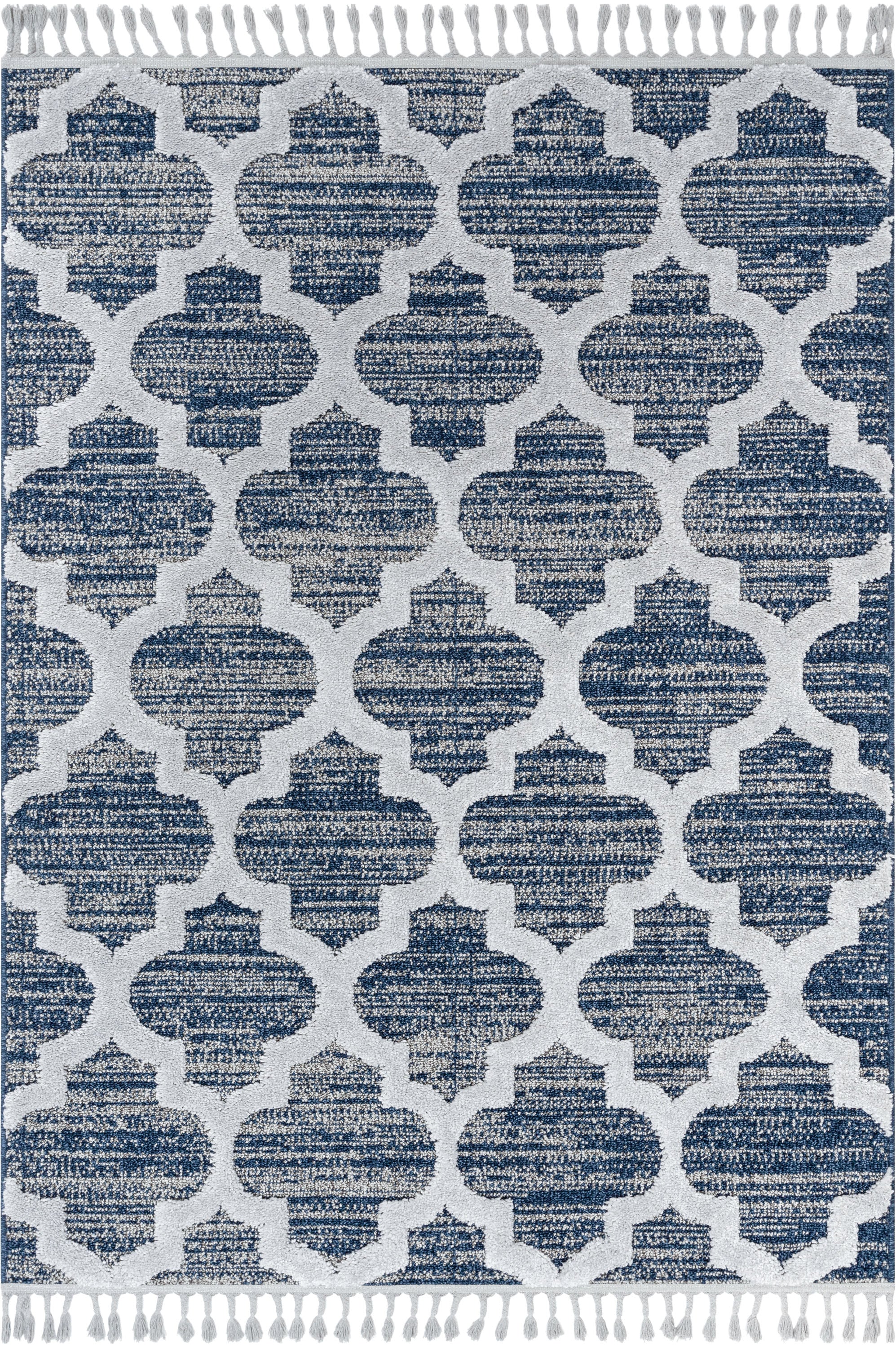 Avery Moroccan Lattice Trellis 7'10" x 9'10" Navy Blue Grey High-Low Textured Rug