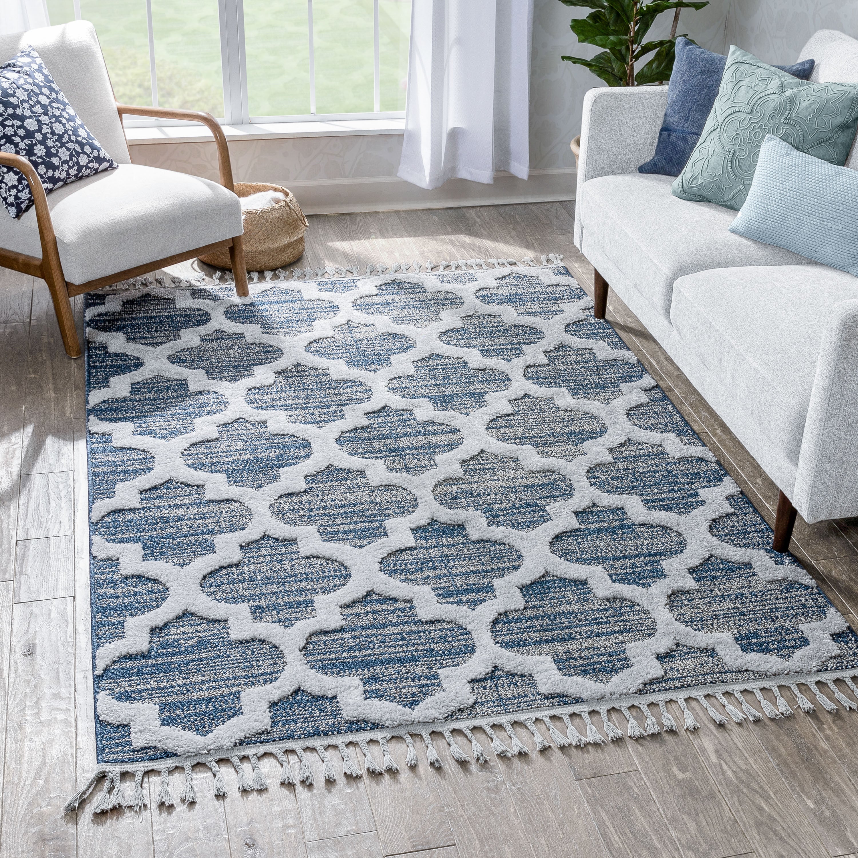 Avery Moroccan Lattice Trellis 7'10" x 9'10" Navy Blue Grey High-Low Textured Rug