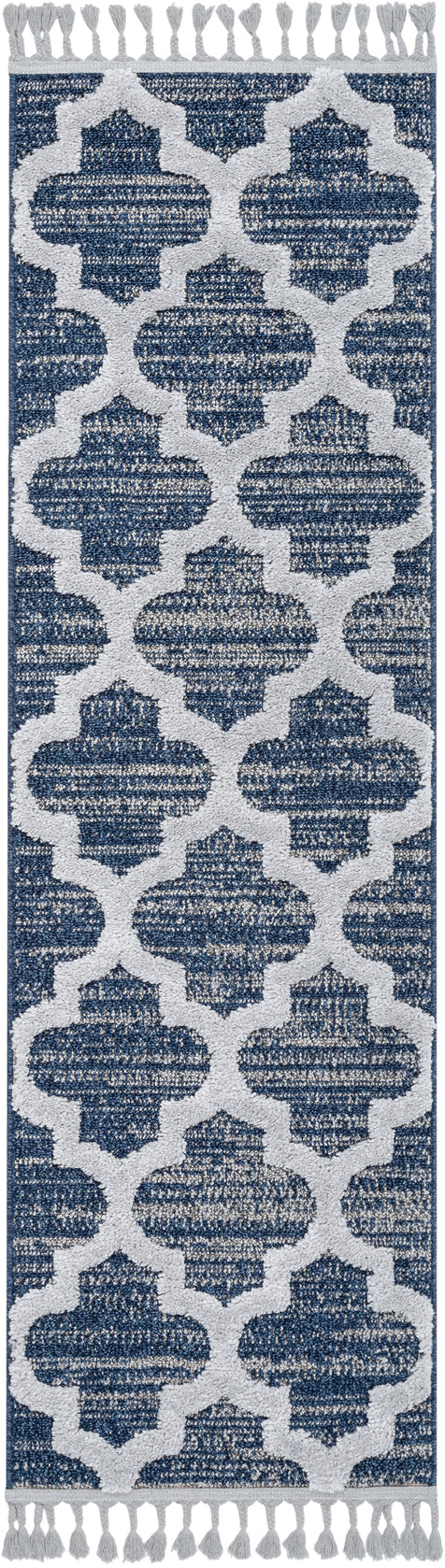 Avery Moroccan Lattice Trellis 7'10" x 9'10" Navy Blue Grey High-Low Textured Rug