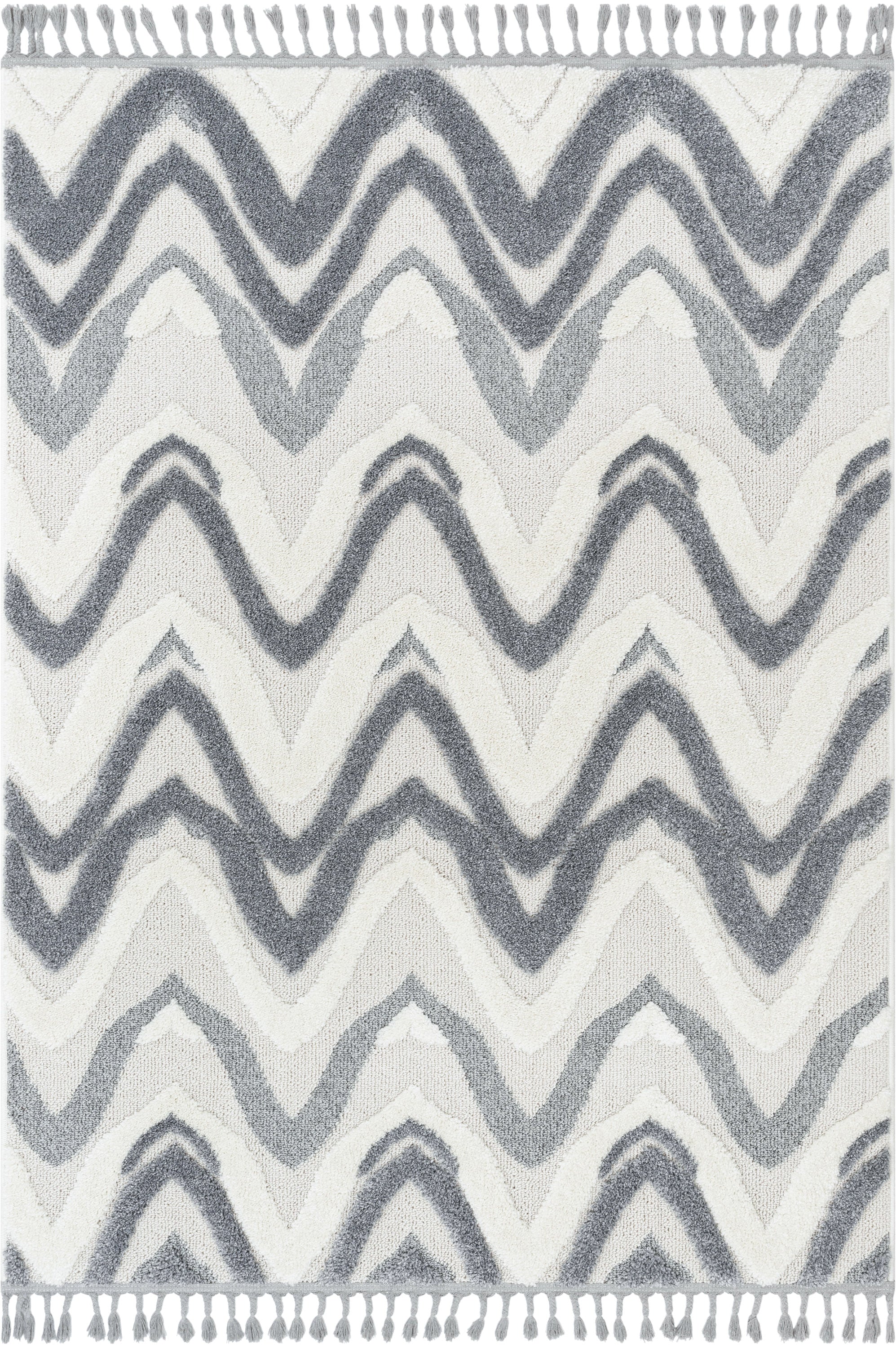 Raelynn Contemporary Chevron Zig-Zag Patter Cream Grey High-Low Textured Rug